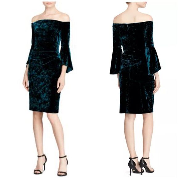 Ralph Lauren Off the shoulder Green Velvet Dress Bell Sleeve Ruching Size 4 - Picture 1 of 13